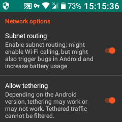 turn on subnet routing and allow tethering in NetGuard network options.