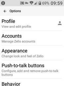 Zello 'Options' menu.